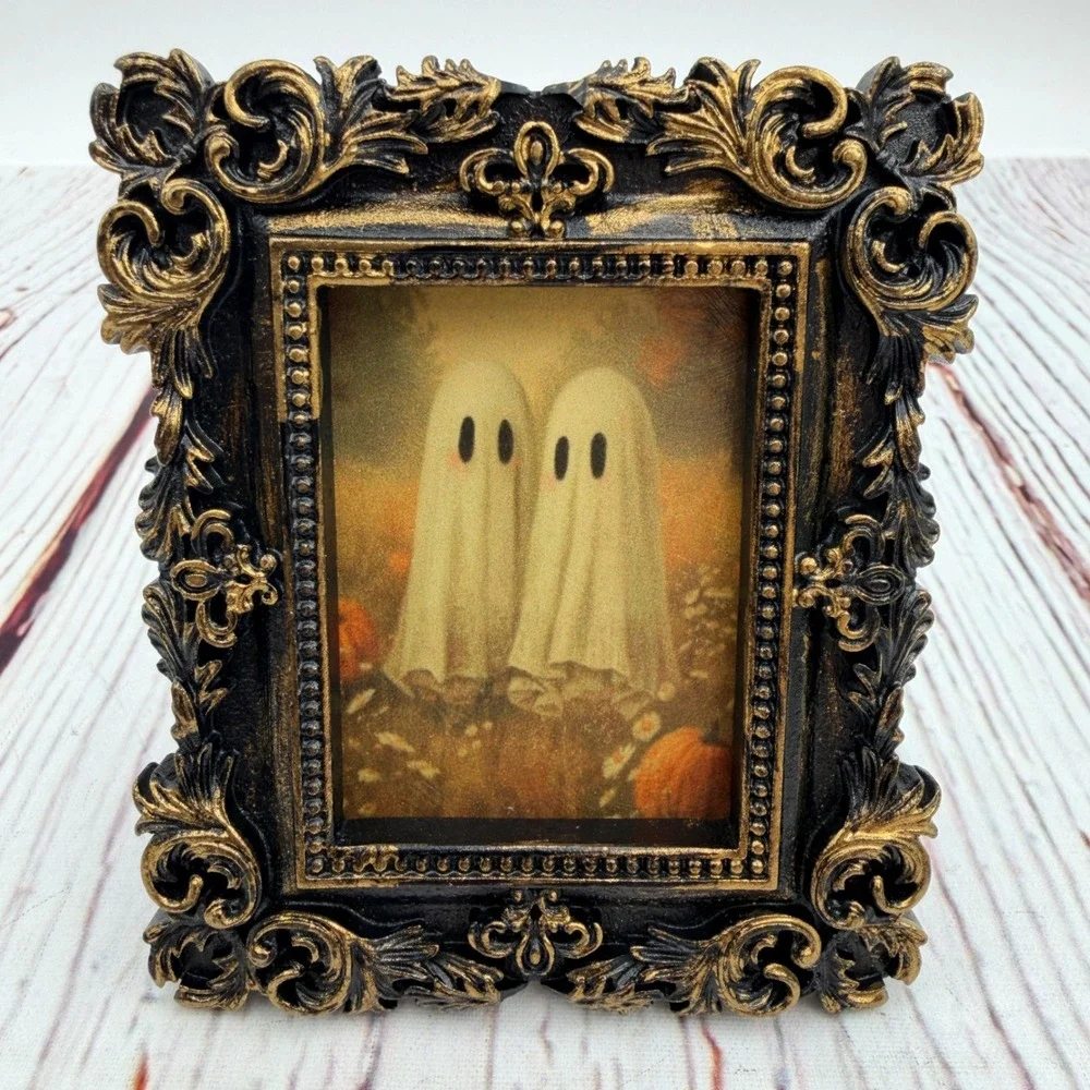 Handmade Ghost Decoupage Print Ornate Gold Black Resin Frame Halloween Decor